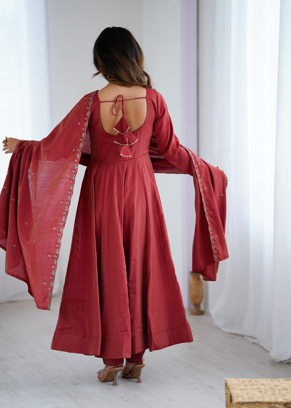 Maroon Chanderi Silk Anarkali Set with Handwork Beads