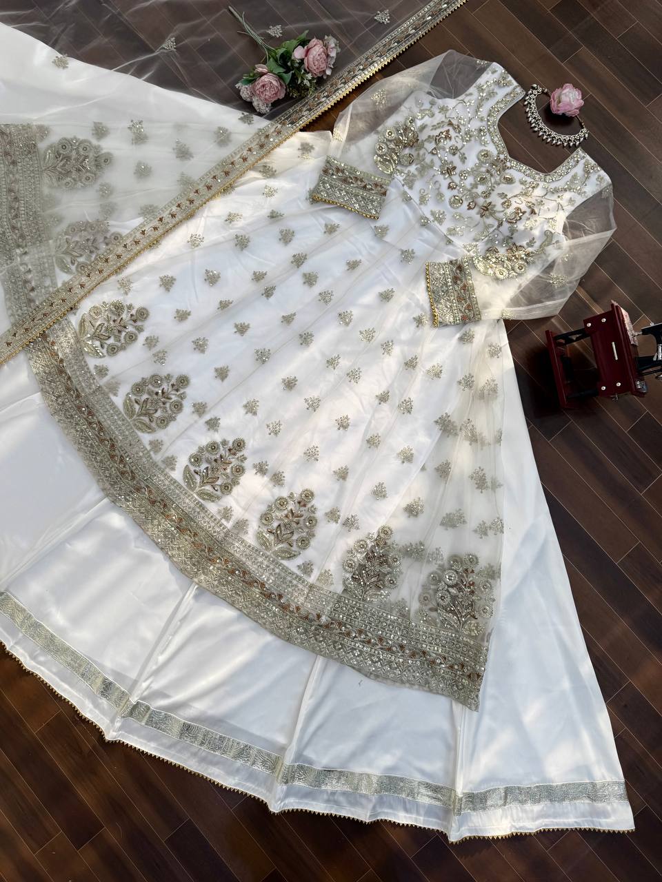 Stunning White Festive Wear Lehenga Gown With Gota Patti and Fancy Lace