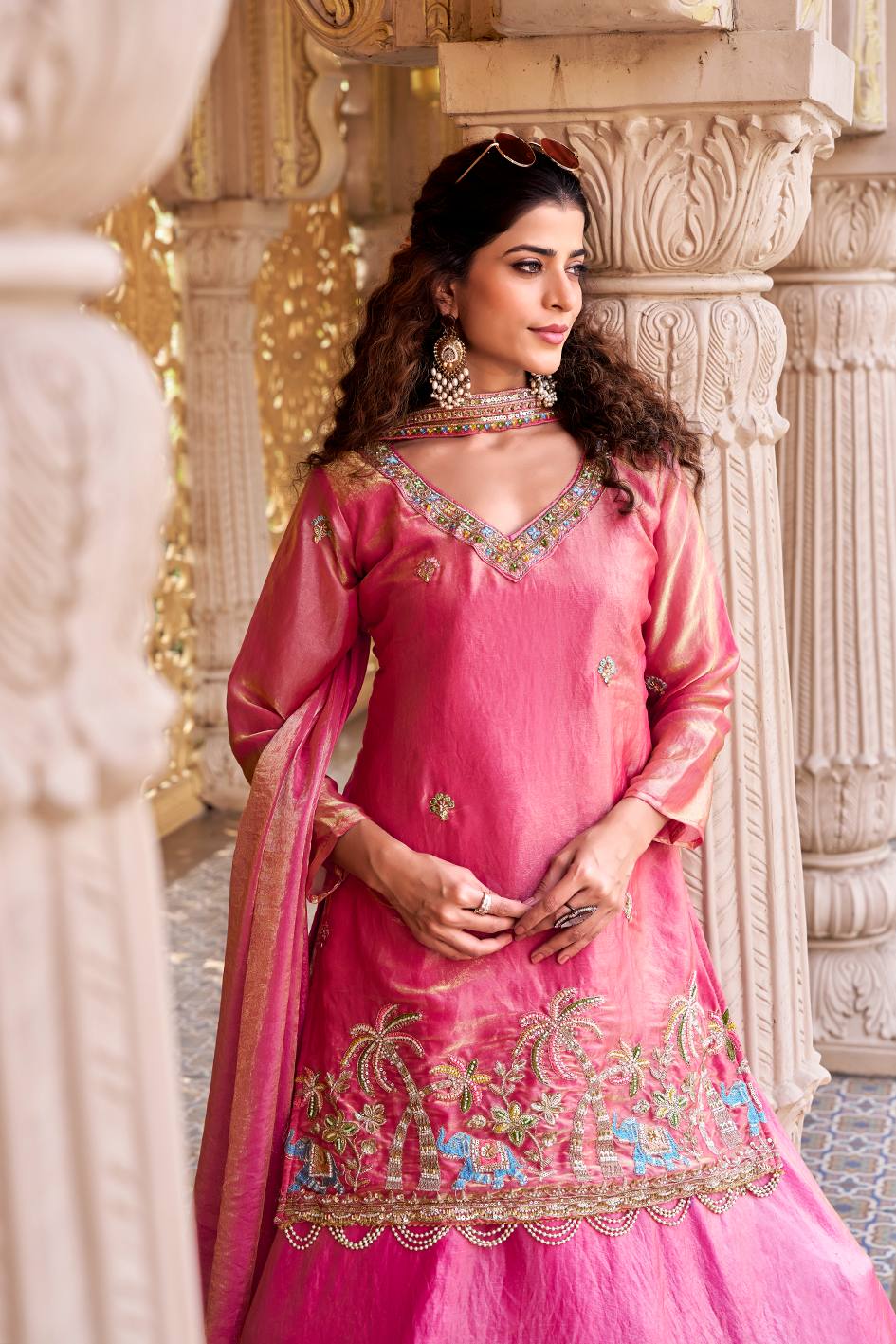 Pink & Blue Pure Fendy Kurti Lehenga with Moti Embroidery & Dupatta Set