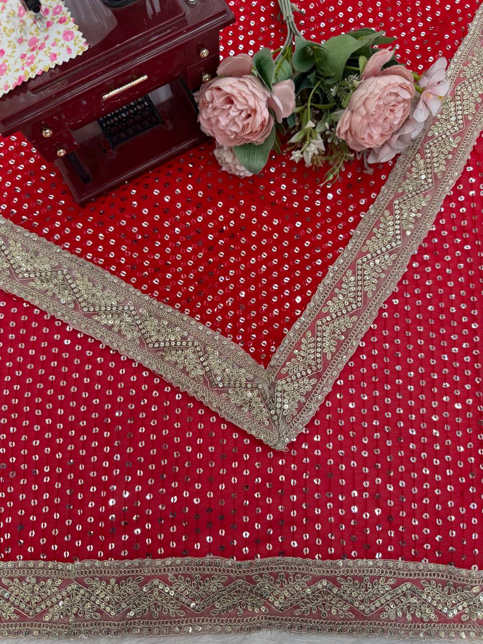 Faux Blooming Georgette Red Saree