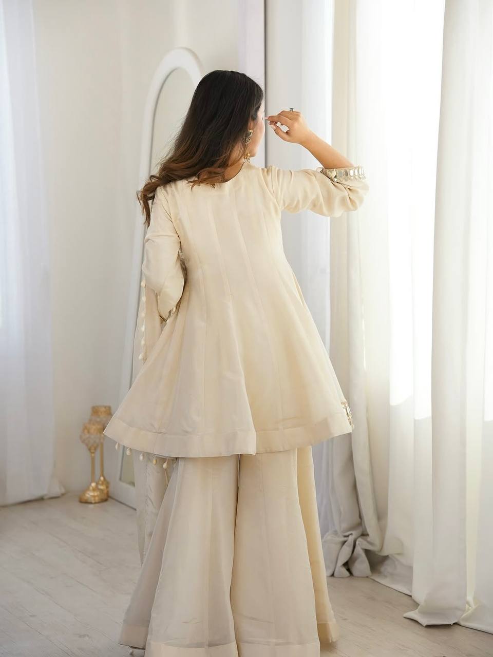 Premium Real Mirror Work Chinon Plazzo Set with Kodi Lace Dupatta for Festive and Party Wear