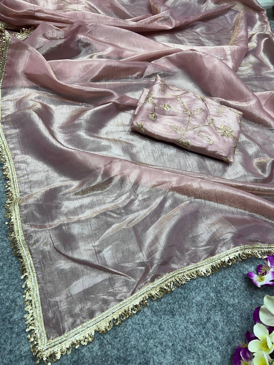 Premium Gold Crush Tissue Silk  Saree with Unstich Blouse