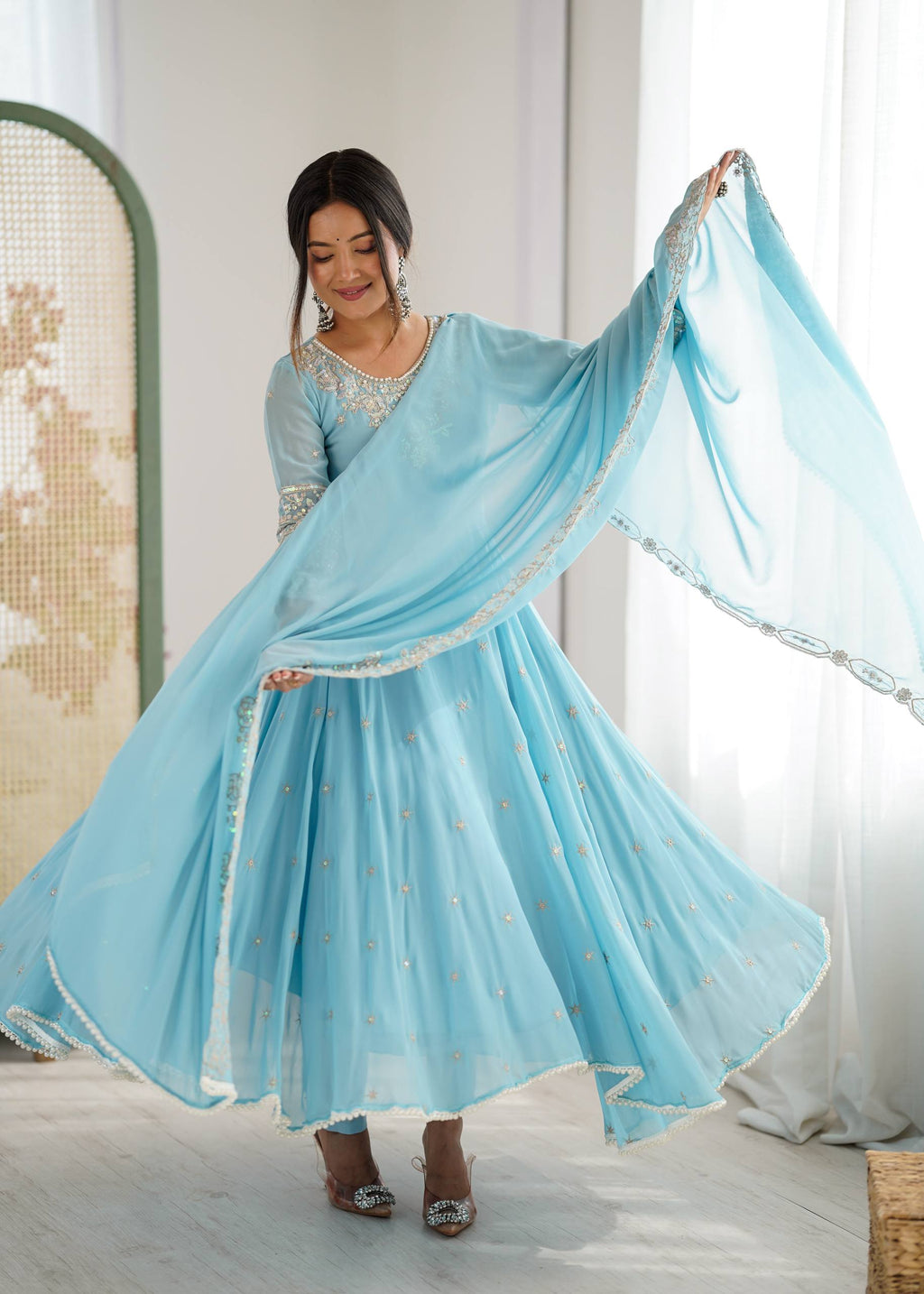 Floral Embroidered Sequinned Georgette Kurta With Palazzos & Dupatta
