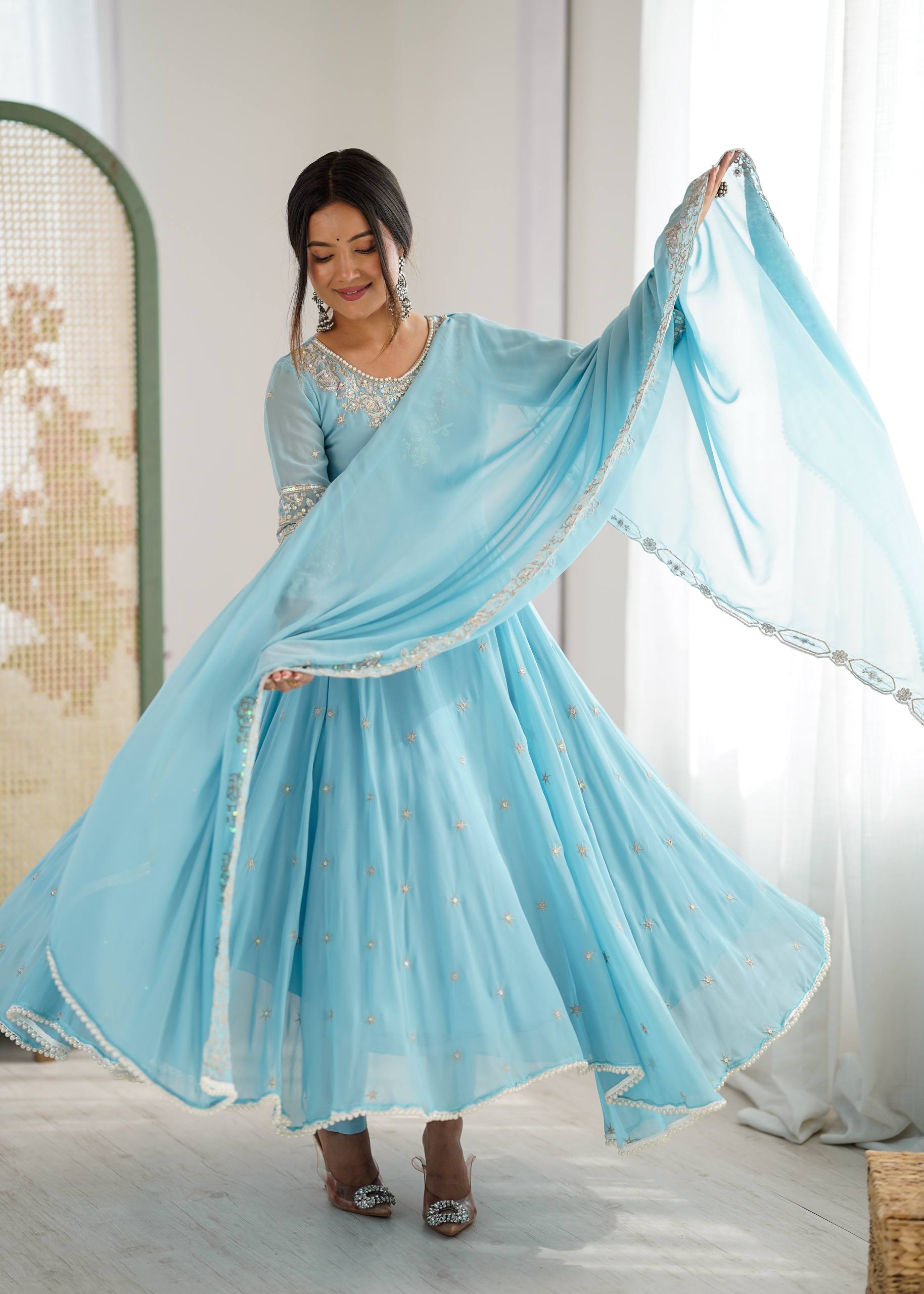 Floral Embroidered Sequinned Georgette Kurta With Palazzos & Dupatta