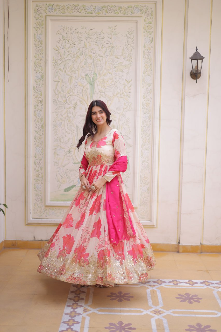 Beautiful Cream Floral Printed Silk Engagement Wear Anarkali Gown