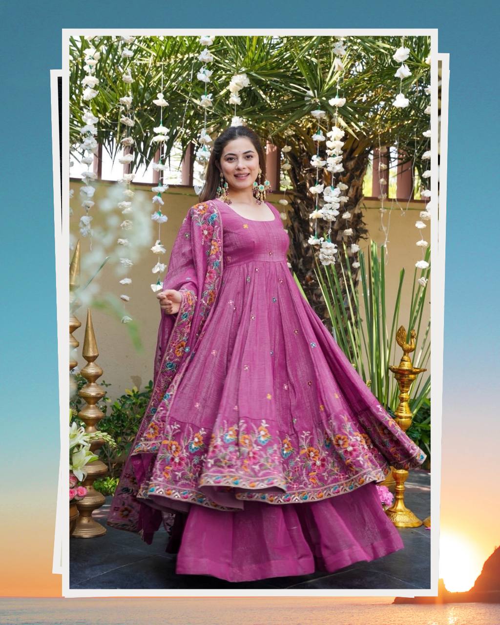 Rose Pink Designer Soft Crunchy Silk Embroidered Gown Set with Sequins Work & Matching Dupatta – Fully Stitched Festive & Party Wear
