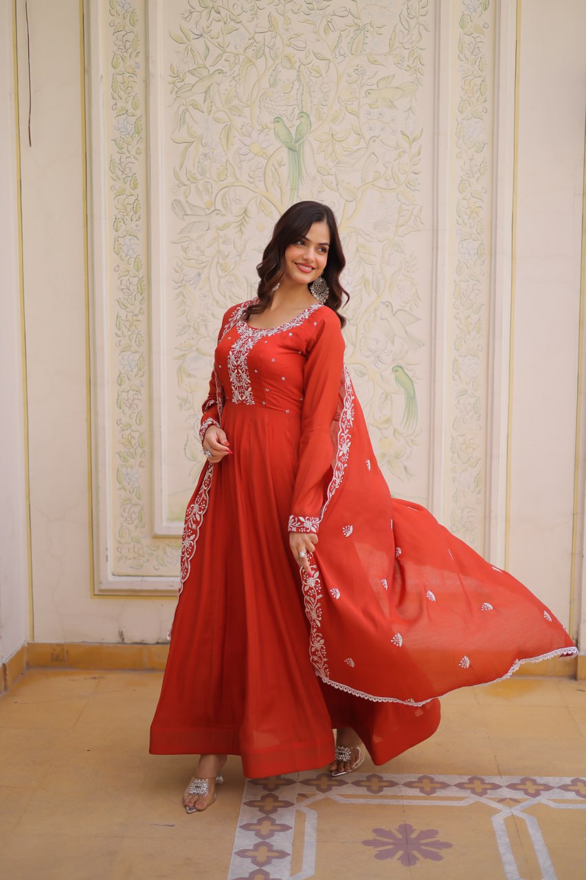 Sweet Rust Orange Bead Work Chanderi Wedding Wear Gown With Dupatta