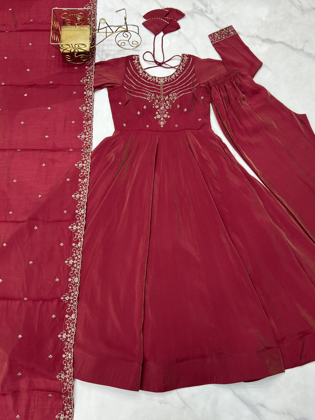 Maroon Chanderi Silk Anarkali Set with Handwork Beads
