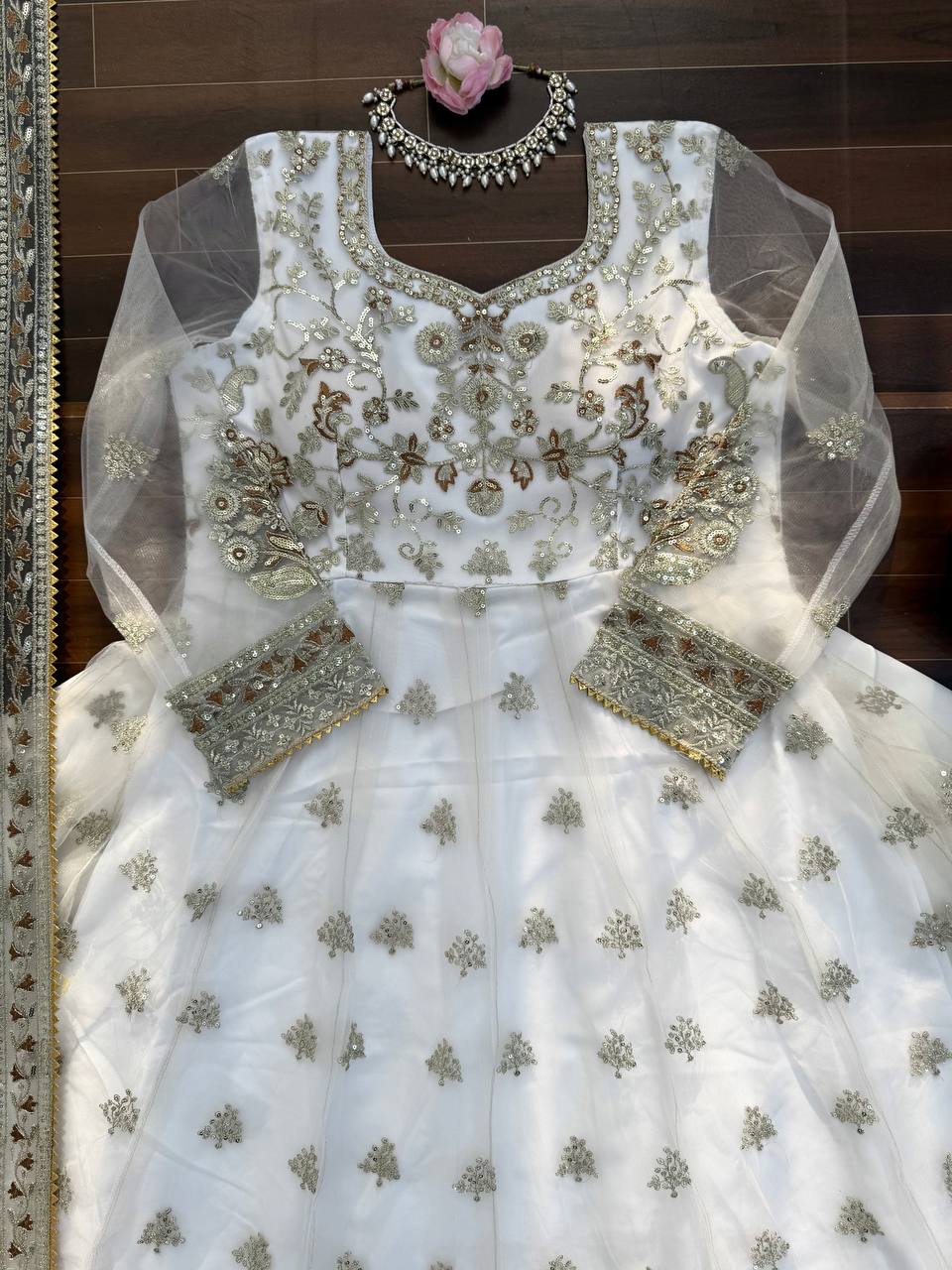 Stunning White Festive Wear Lehenga Gown With Gota Patti and Fancy Lace