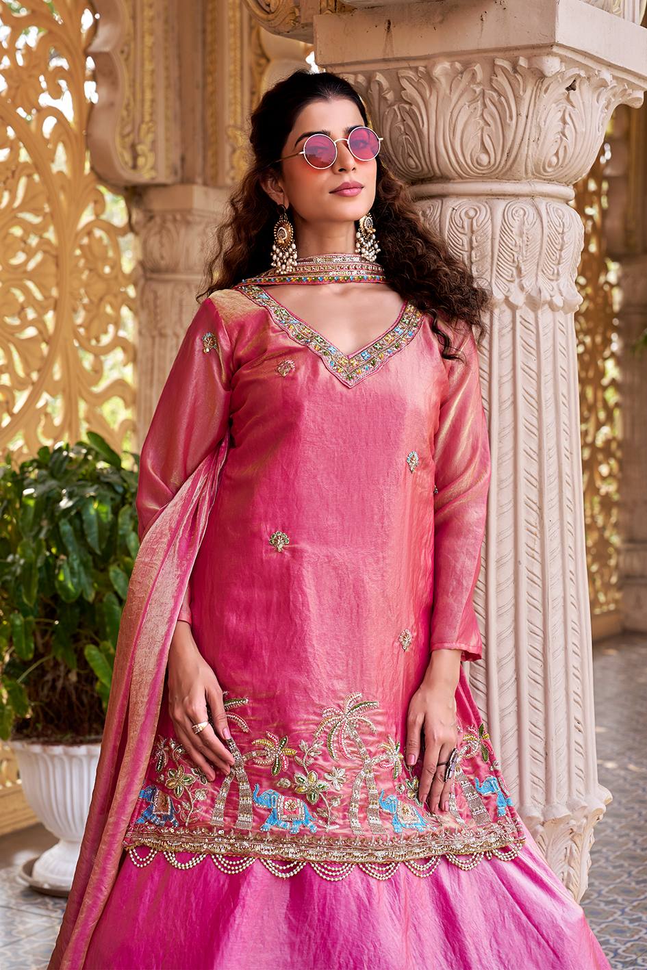 Pink & Blue Pure Fendy Kurti Lehenga with Moti Embroidery & Dupatta Set