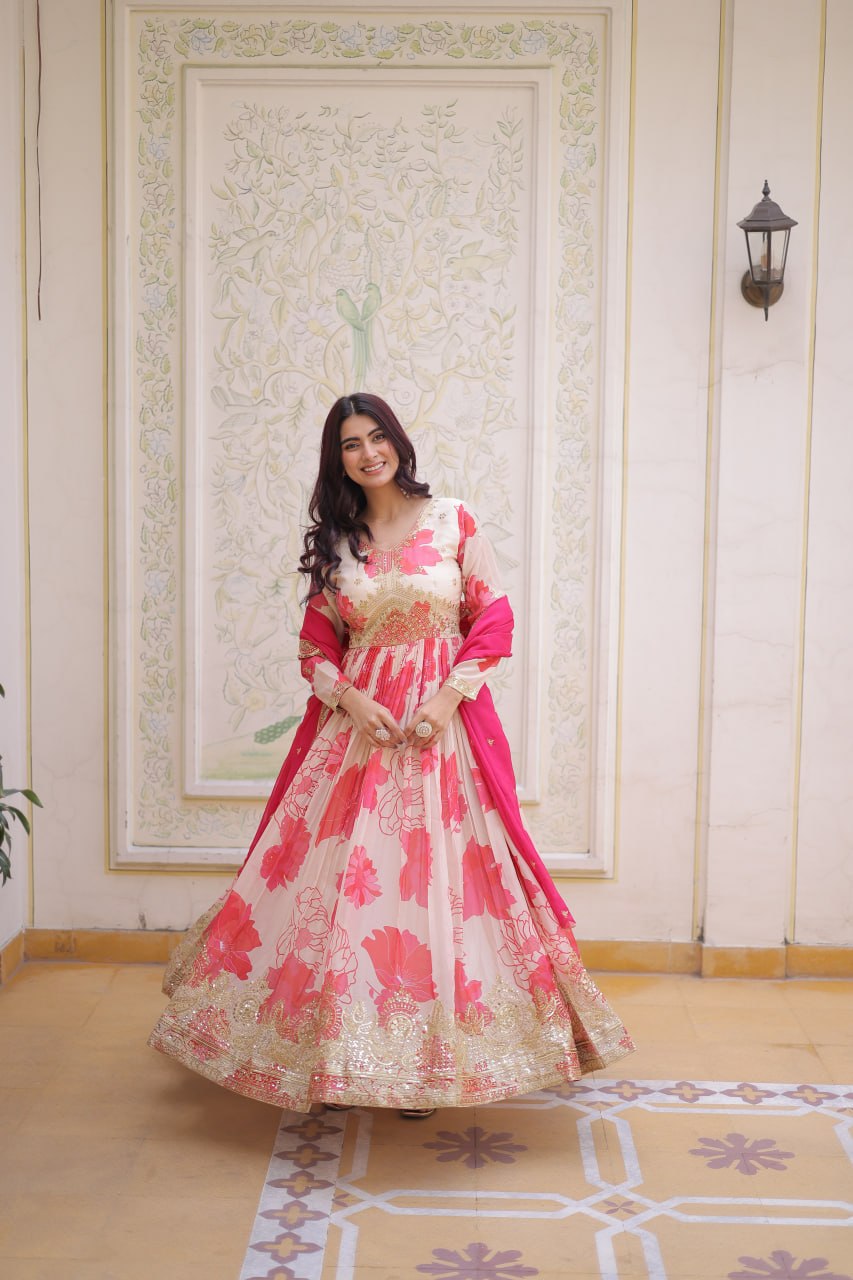 Beautiful Cream Floral Printed Silk Engagement Wear Anarkali Gown