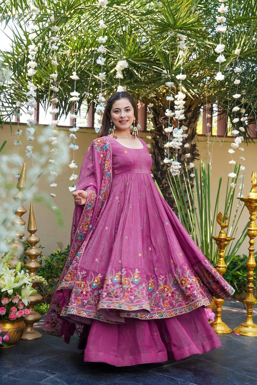 Rose Pink Designer Soft Crunchy Silk Embroidered Gown Set with Sequins Work & Matching Dupatta – Fully Stitched Festive & Party Wear