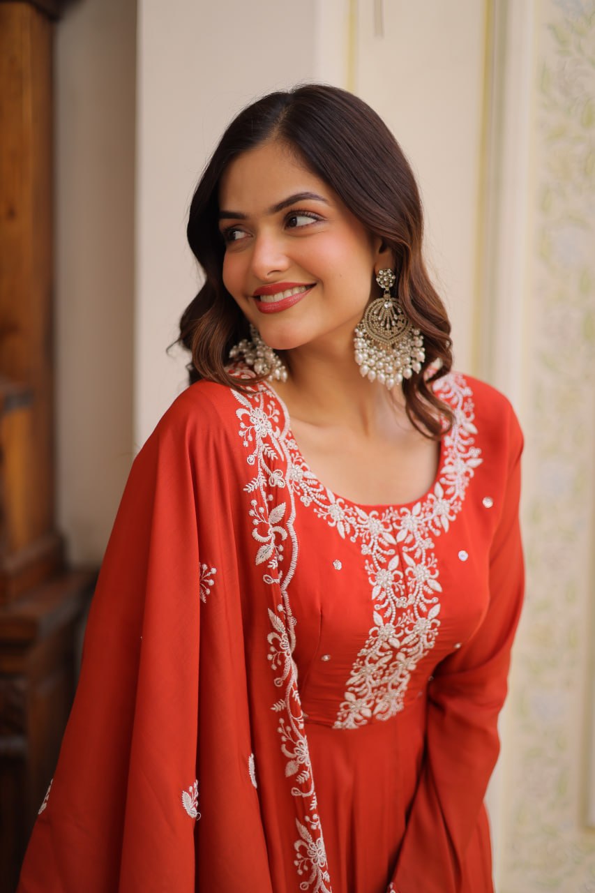 Sweet Rust Orange Bead Work Chanderi Wedding Wear Gown With Dupatta