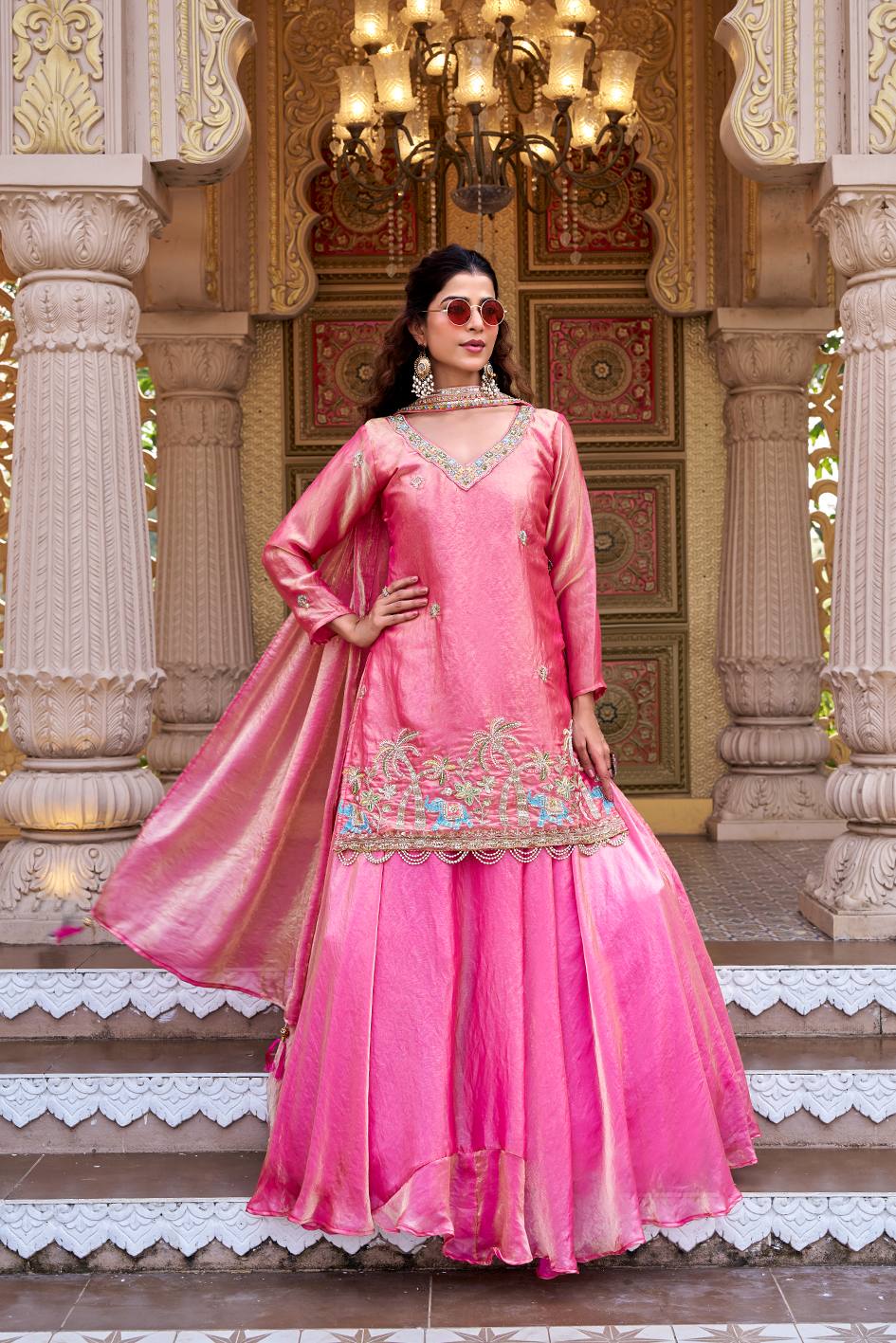 Pink & Blue Pure Fendy Kurti Lehenga with Moti Embroidery & Dupatta Set