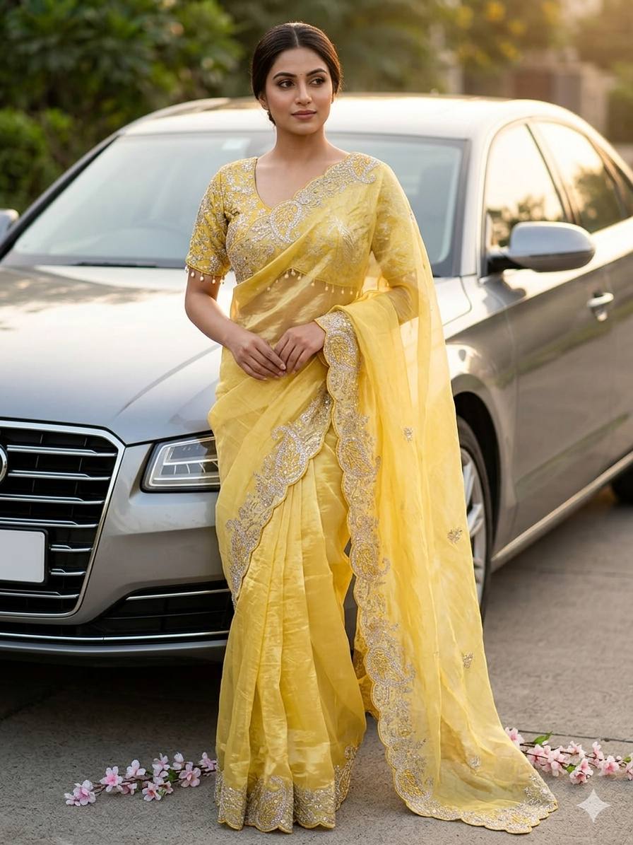 Y Elegant Crystal Crush Tissue Saree