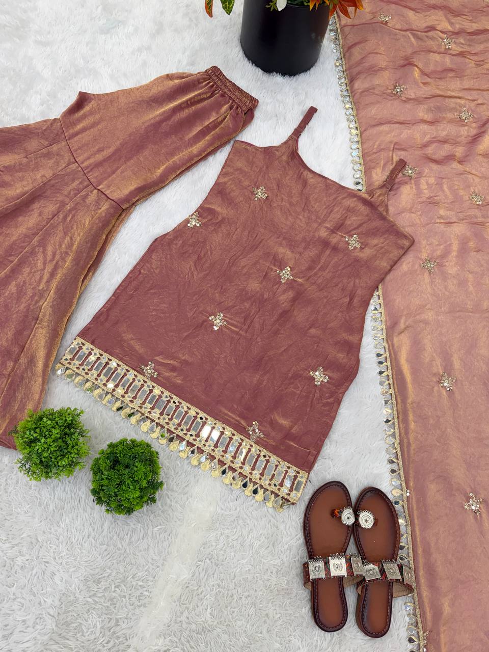 Women Ethnic Motifs Embroidered Regular Thread Work Kurti with Sharara & With Dupatta