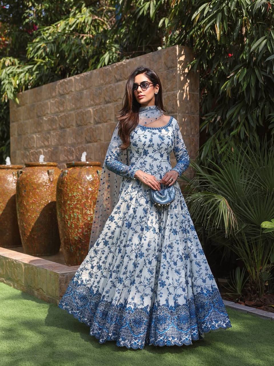 White Georgette & Organza Silk Gown