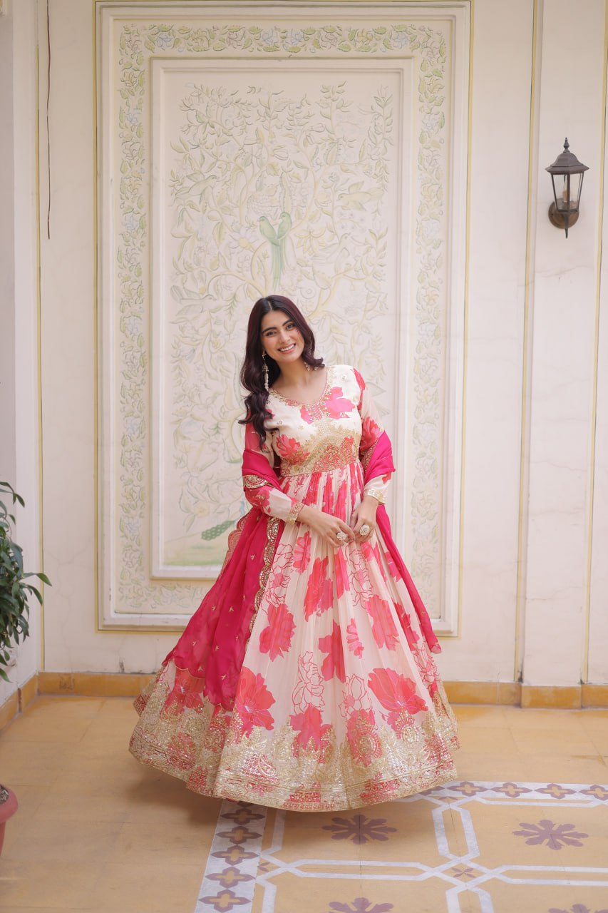 Beautiful Cream Floral Printed Silk Engagement Wear Anarkali Gown