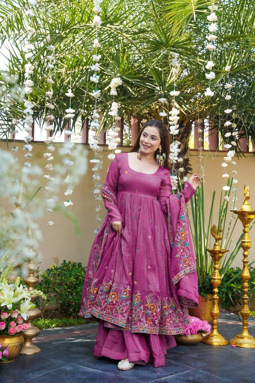 Rose Pink Designer Soft Crunchy Silk Embroidered Gown Set with Sequins Work & Matching Dupatta – Fully Stitched Festive & Party Wear