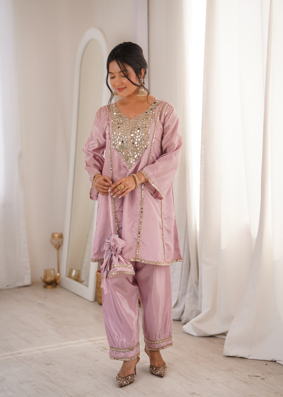 Pink Mirror Work Kurti Pant Set & Batwa