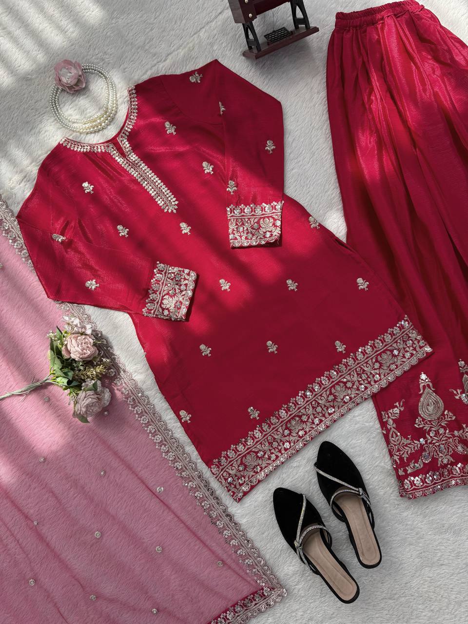 Super Red Natural Crap Embroider Work Salwar Suit
