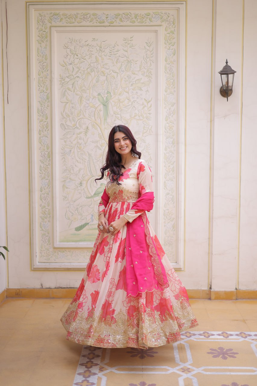 Beautiful Cream Floral Printed Silk Engagement Wear Anarkali Gown