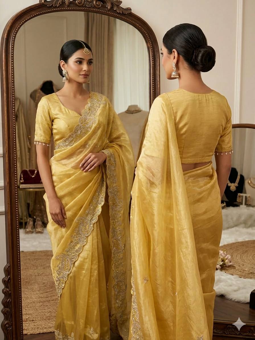 Y Elegant Crystal Crush Tissue Saree