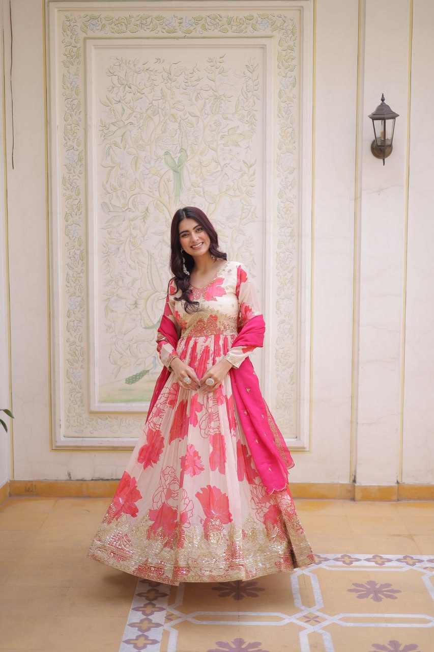 Beautiful Cream Floral Printed Silk Engagement Wear Anarkali Gown