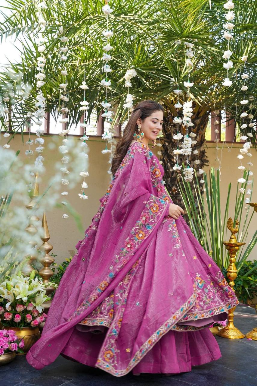 Rose Pink Designer Soft Crunchy Silk Embroidered Gown Set with Sequins Work & Matching Dupatta – Fully Stitched Festive & Party Wear