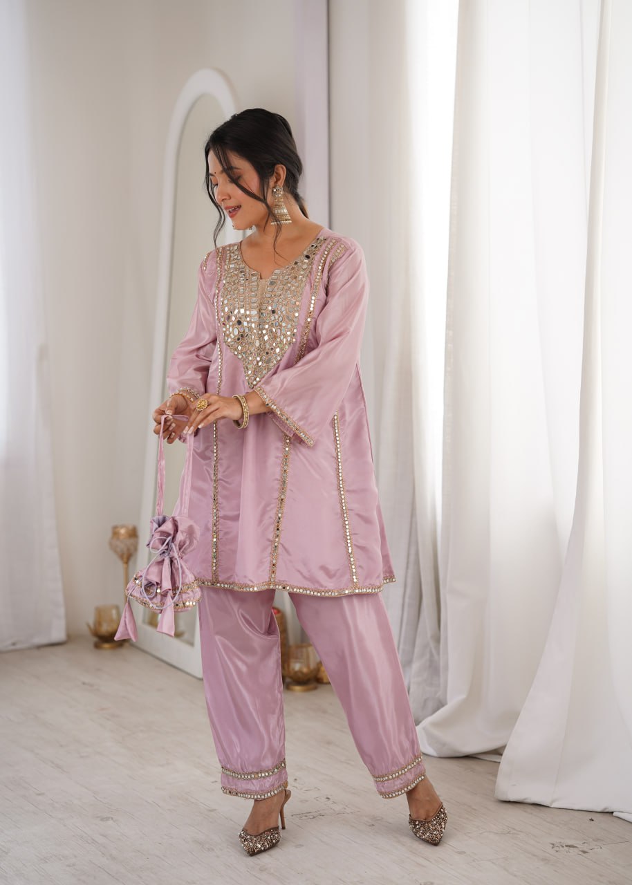 Pink Mirror Work Kurti Pant Set & Batwa
