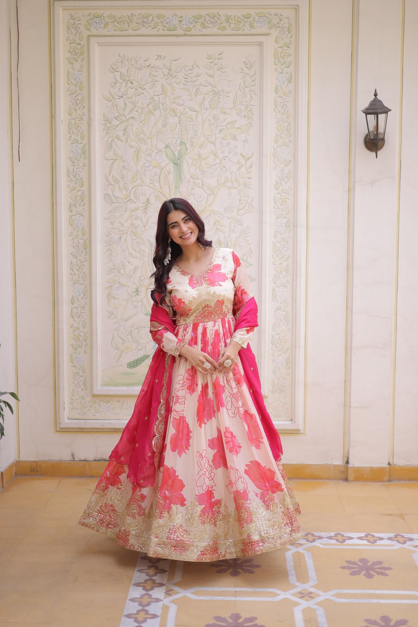 Beautiful Cream Floral Printed Silk Engagement Wear Anarkali Gown
