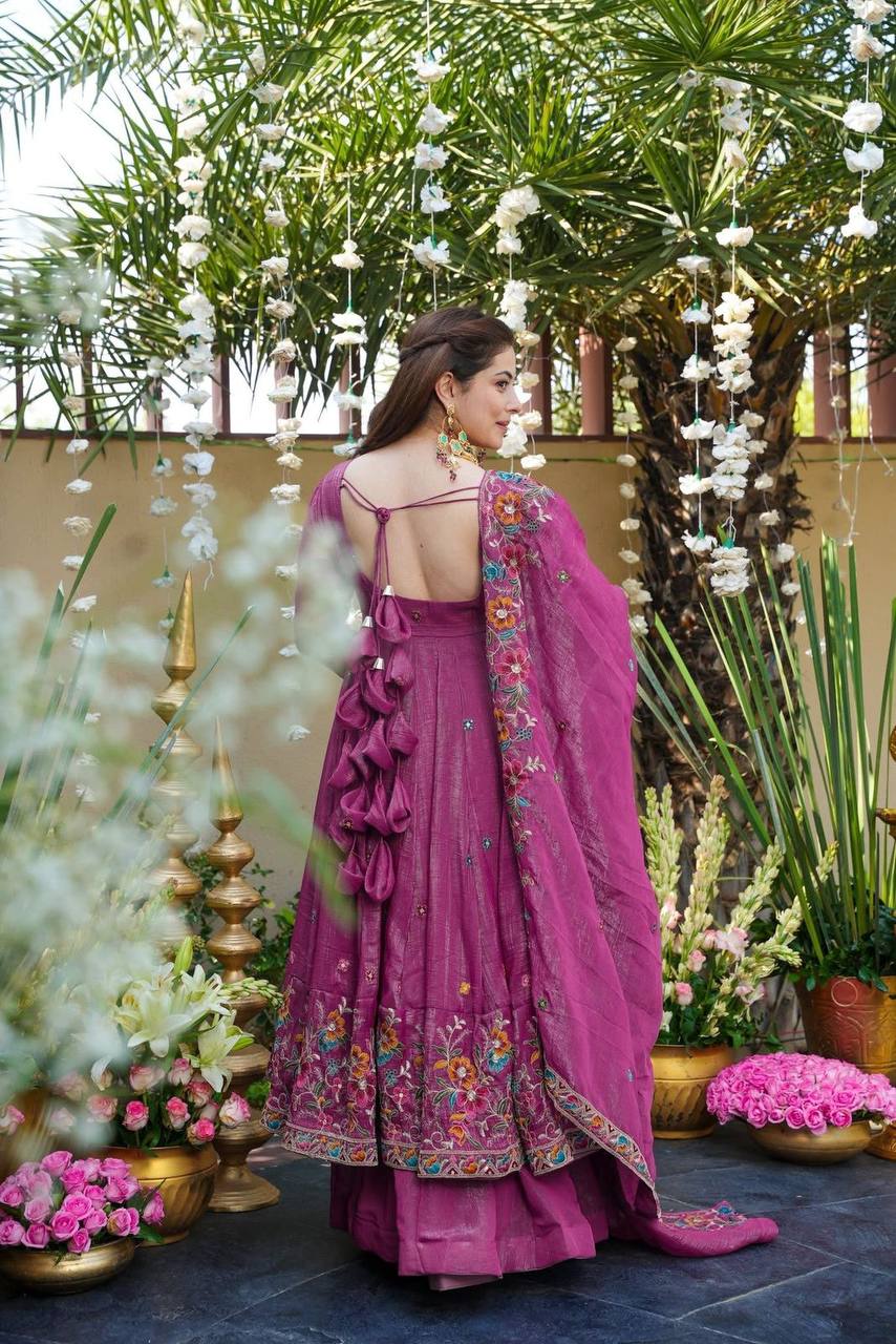 Rose Pink Designer Soft Crunchy Silk Embroidered Gown Set with Sequins Work & Matching Dupatta – Fully Stitched Festive & Party Wear