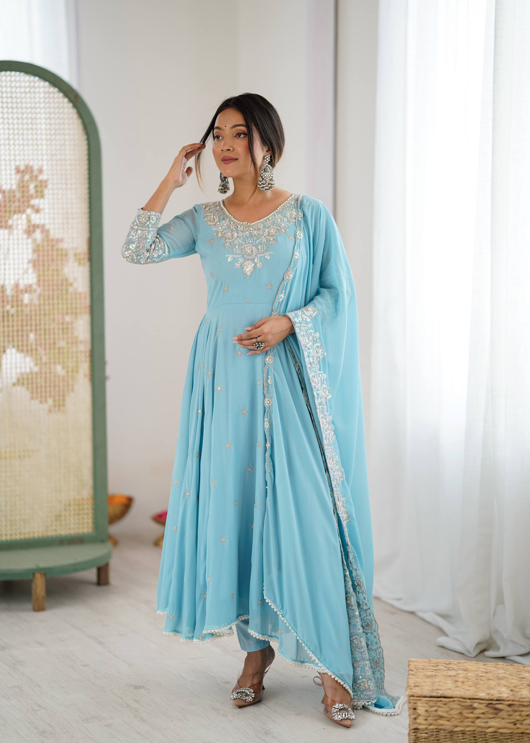 Floral Embroidered Sequinned Georgette Kurta With Palazzos & Dupatta