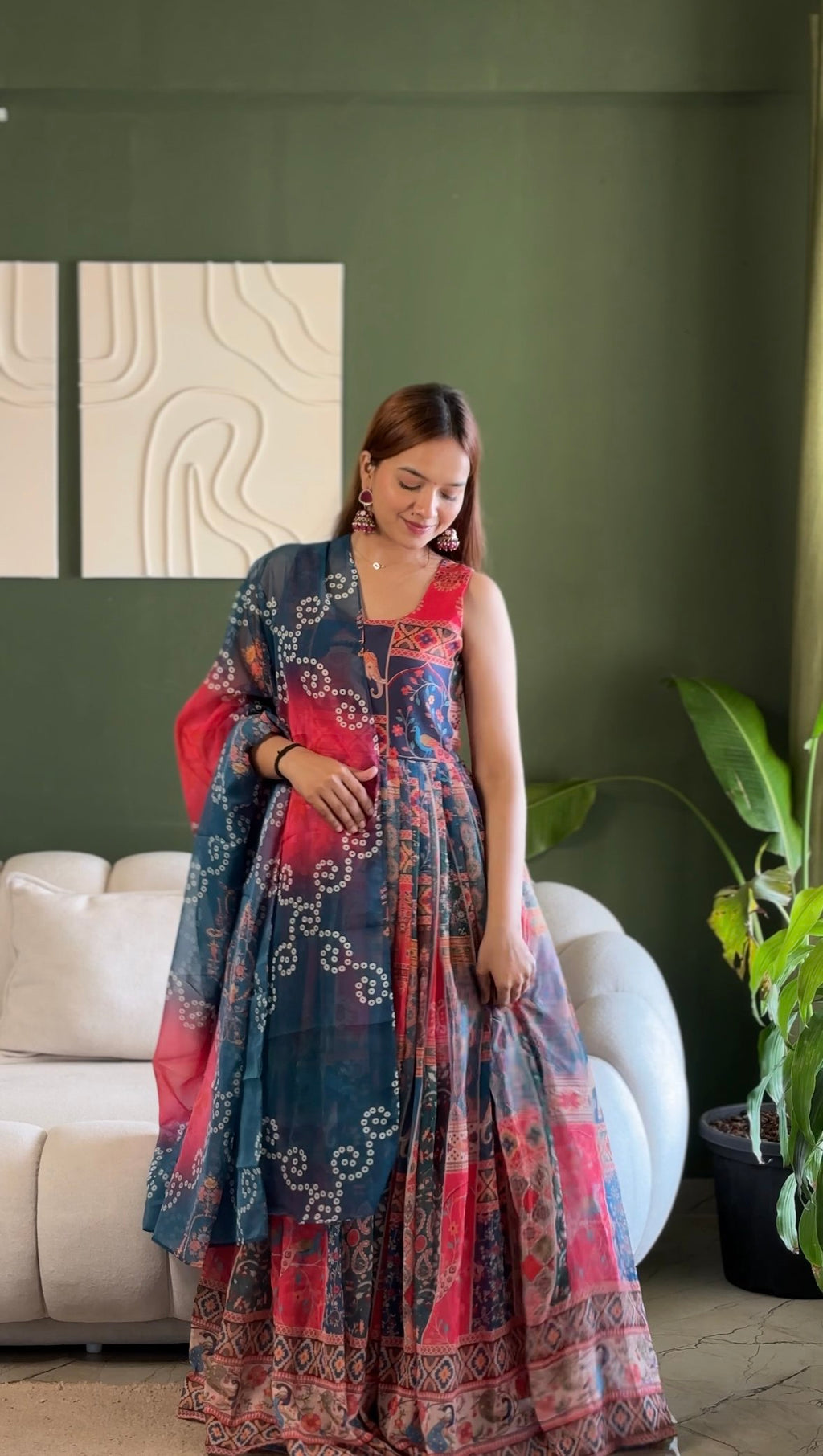 Navy Pink Patola Motif Anarkali Dress, Digital Print Ethnic Maxi with Dupatta