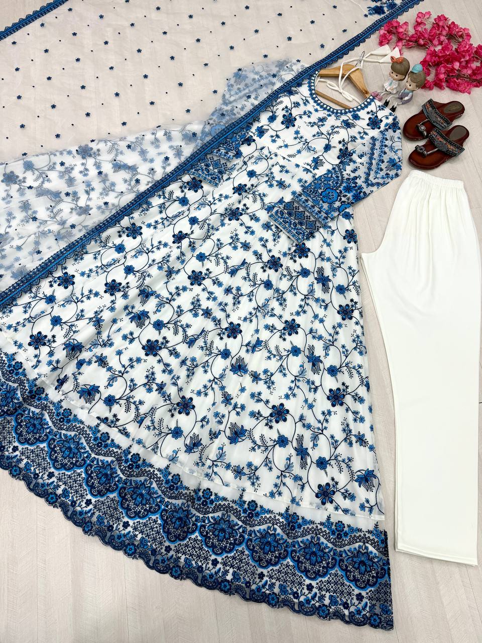 White Georgette & Organza Silk Gown