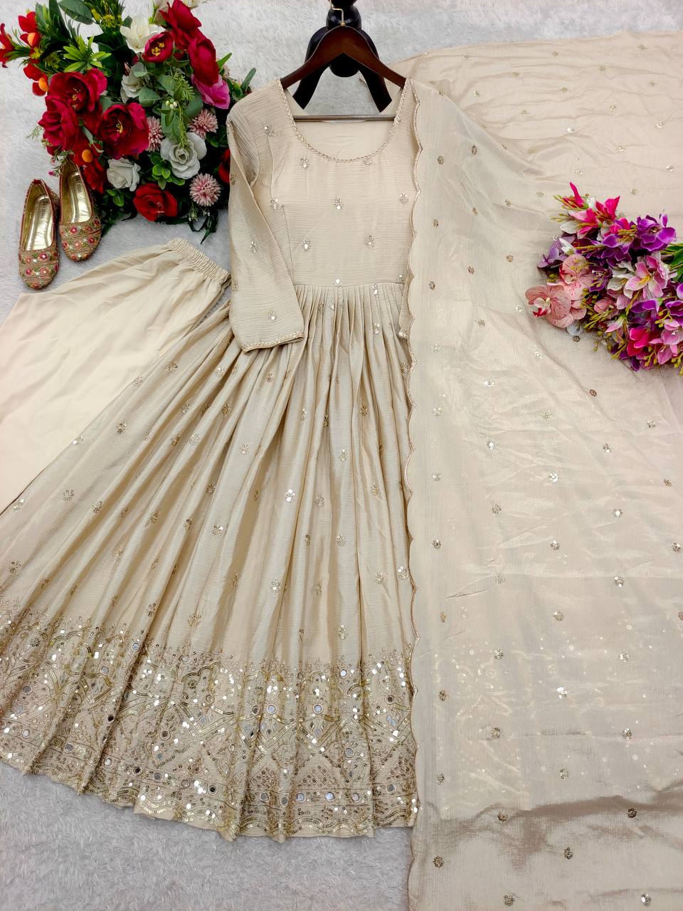 Women's Peach Faux Georgette Stitched Top With Bottom and Dupatta Full Sleeve Embroidered Anarkali Gown