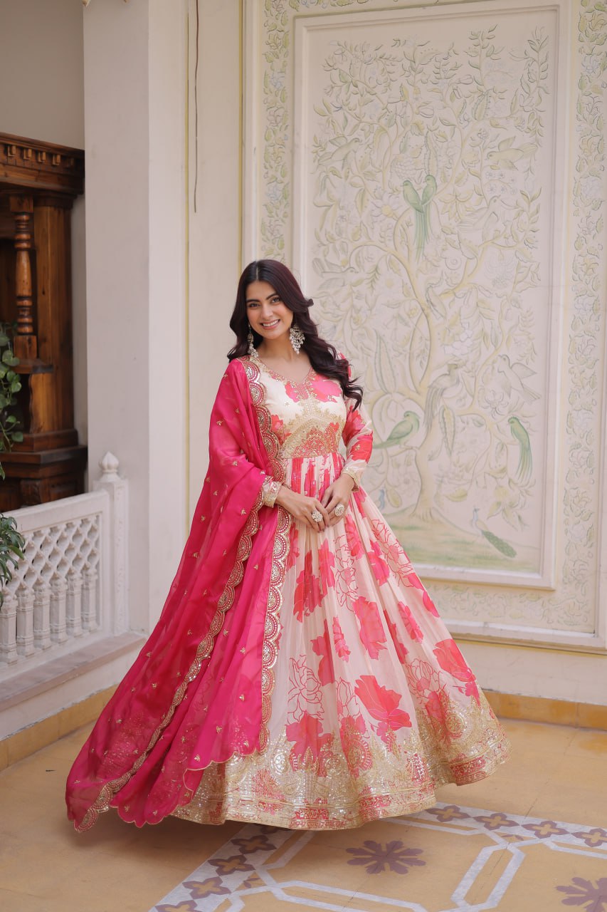 Beautiful Cream Floral Printed Silk Engagement Wear Anarkali Gown