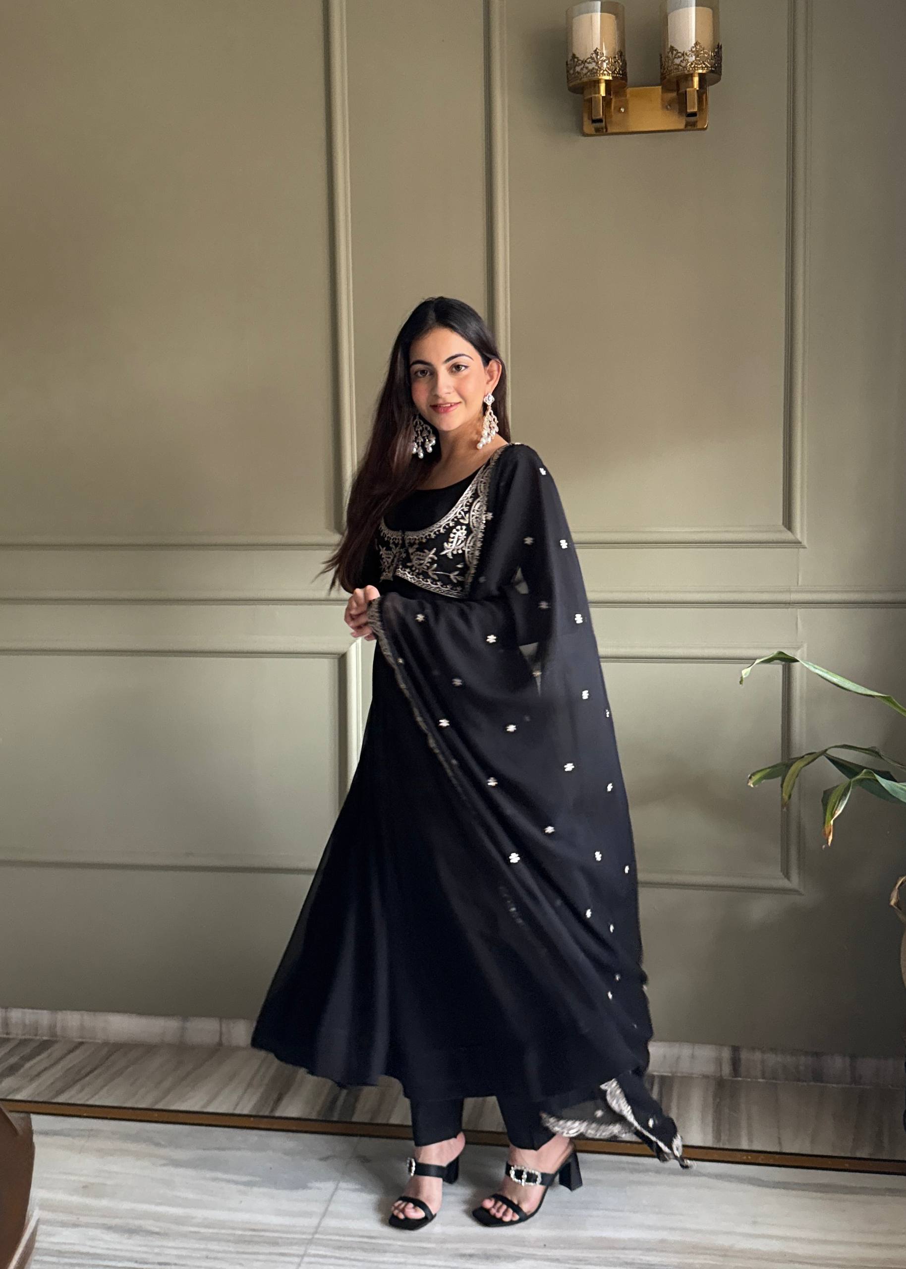 Black Color Faux Georgette Embroidered Anarkali Suit