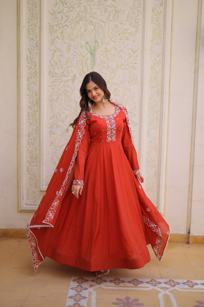 Sweet Rust Orange Bead Work Chanderi Wedding Wear Gown With Dupatta