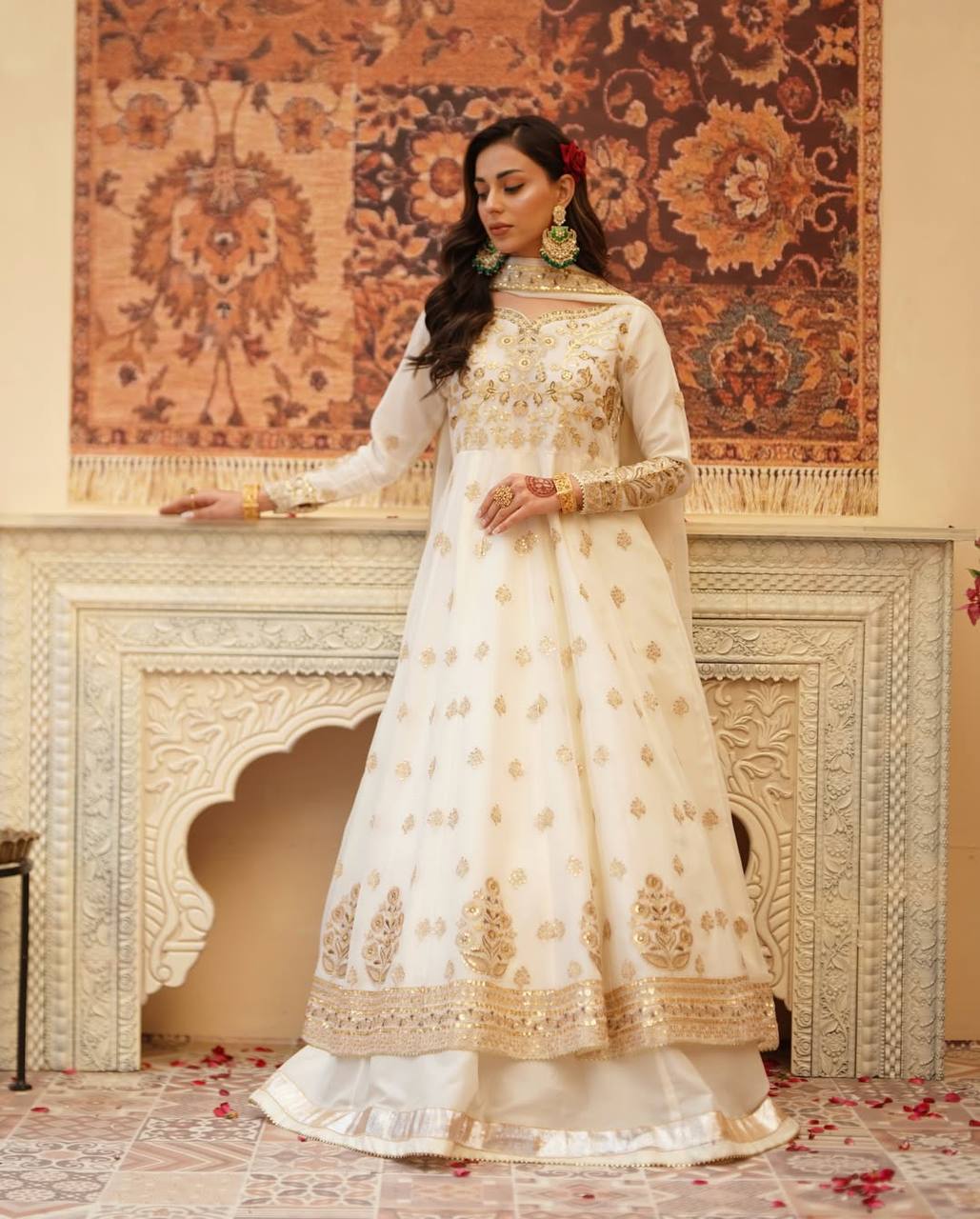 Stunning White Festive Wear Lehenga Gown With Gota Patti and Fancy Lace