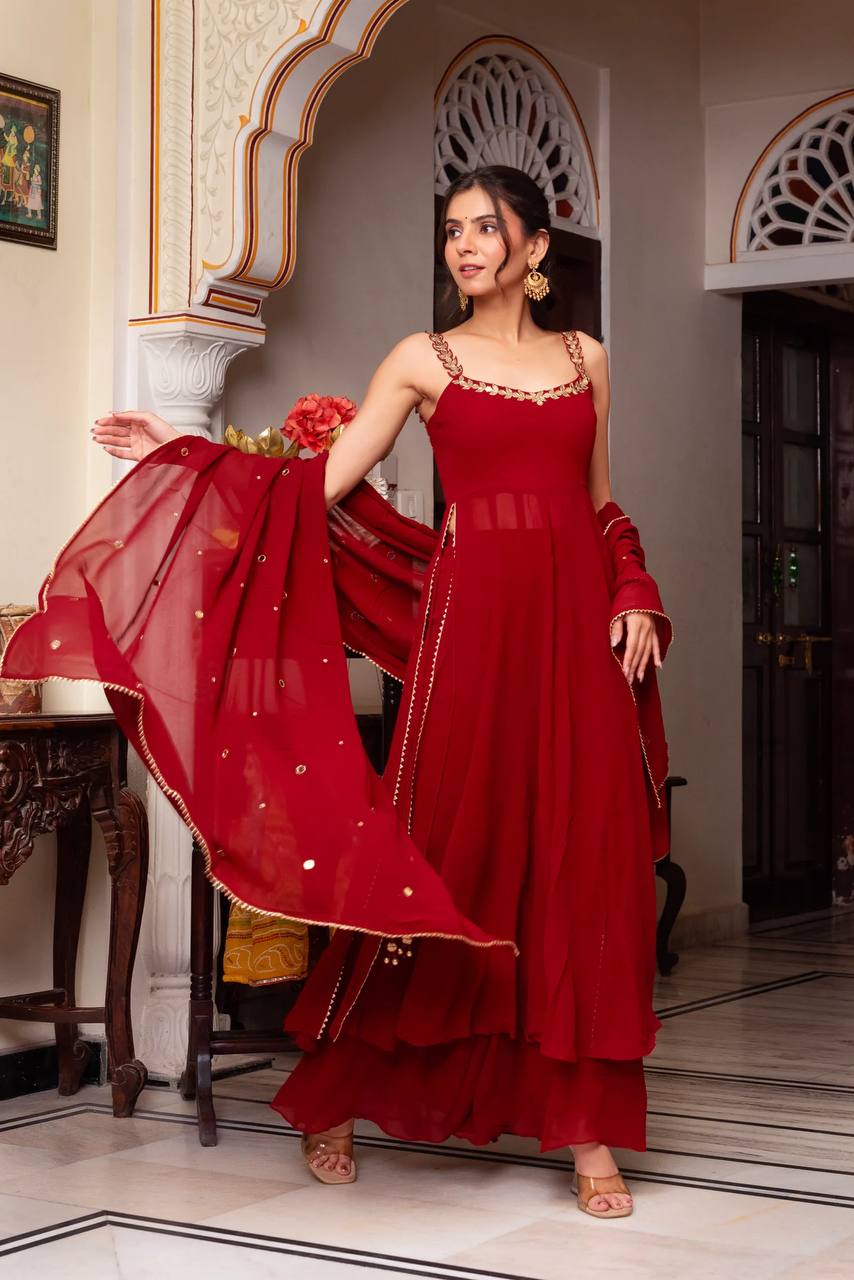Red Faux Georgette Lace Mirror Work Salwar Suit