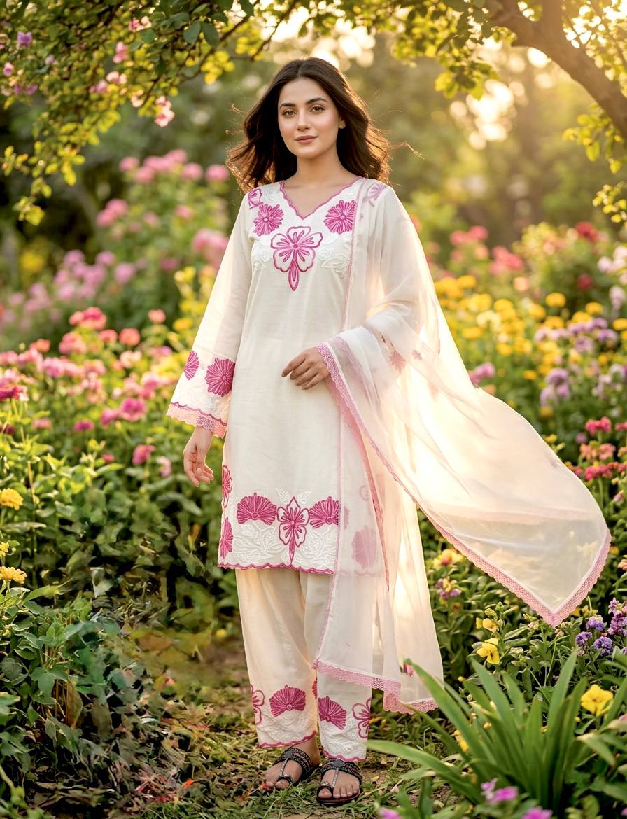 Graceful Pastel Floral Kurta Palazzo Dupatta Set