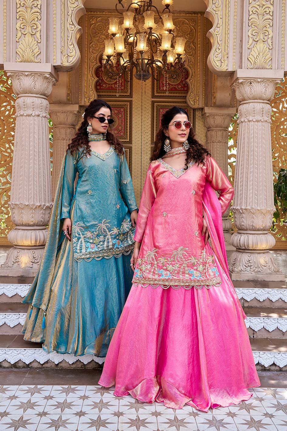 Pink & Blue Pure Fendy Kurti Lehenga with Moti Embroidery & Dupatta Set
