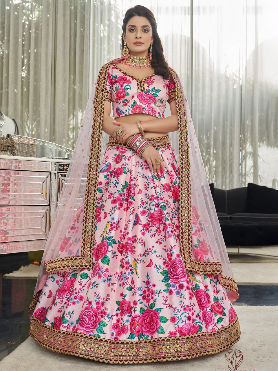 Blush Pink Floral Printed Lehenga with Designer Blouse & Net Dupatta