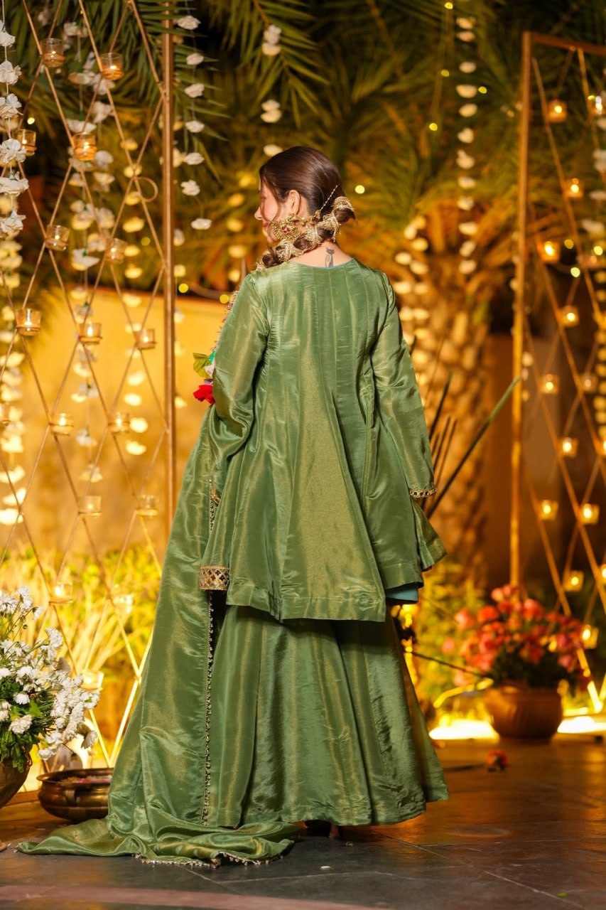 Women Embroidered Panelled Mirror Work Dupion Silk Kurta with Palazzos & With Dupatta