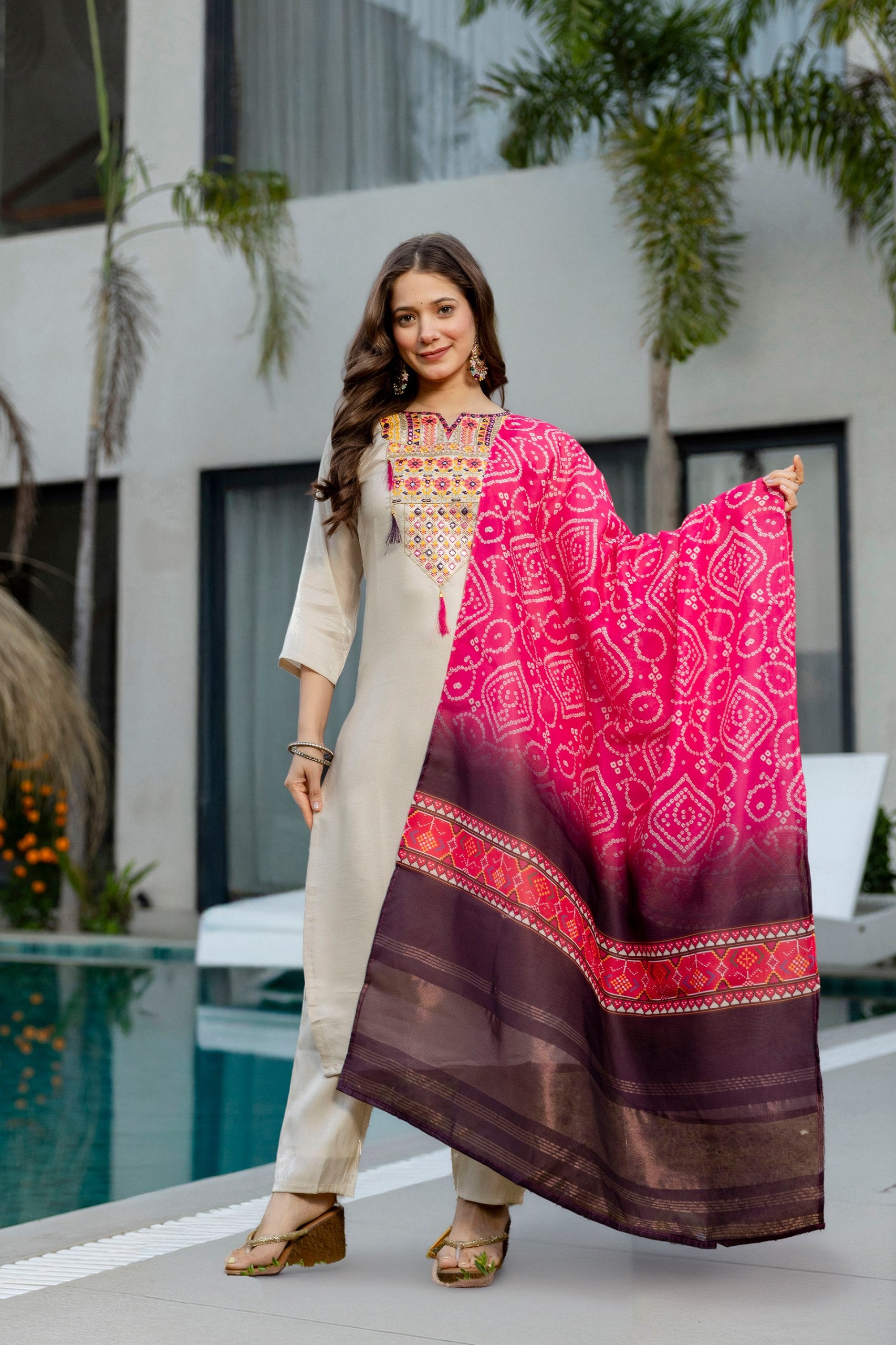 Sophisticated Cream Viscose Shimmer Embroidered Printed Straight Pant Suit After Six Wear