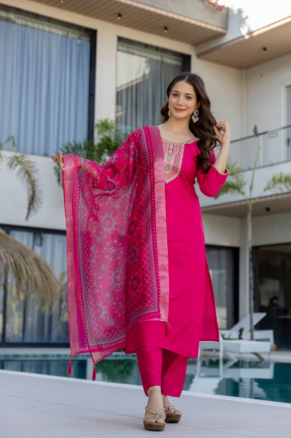 Women Ethnic Motifs Embroidered Regular Thread Work Chanderi Cotton Kurta with Trousers & With Dupatta