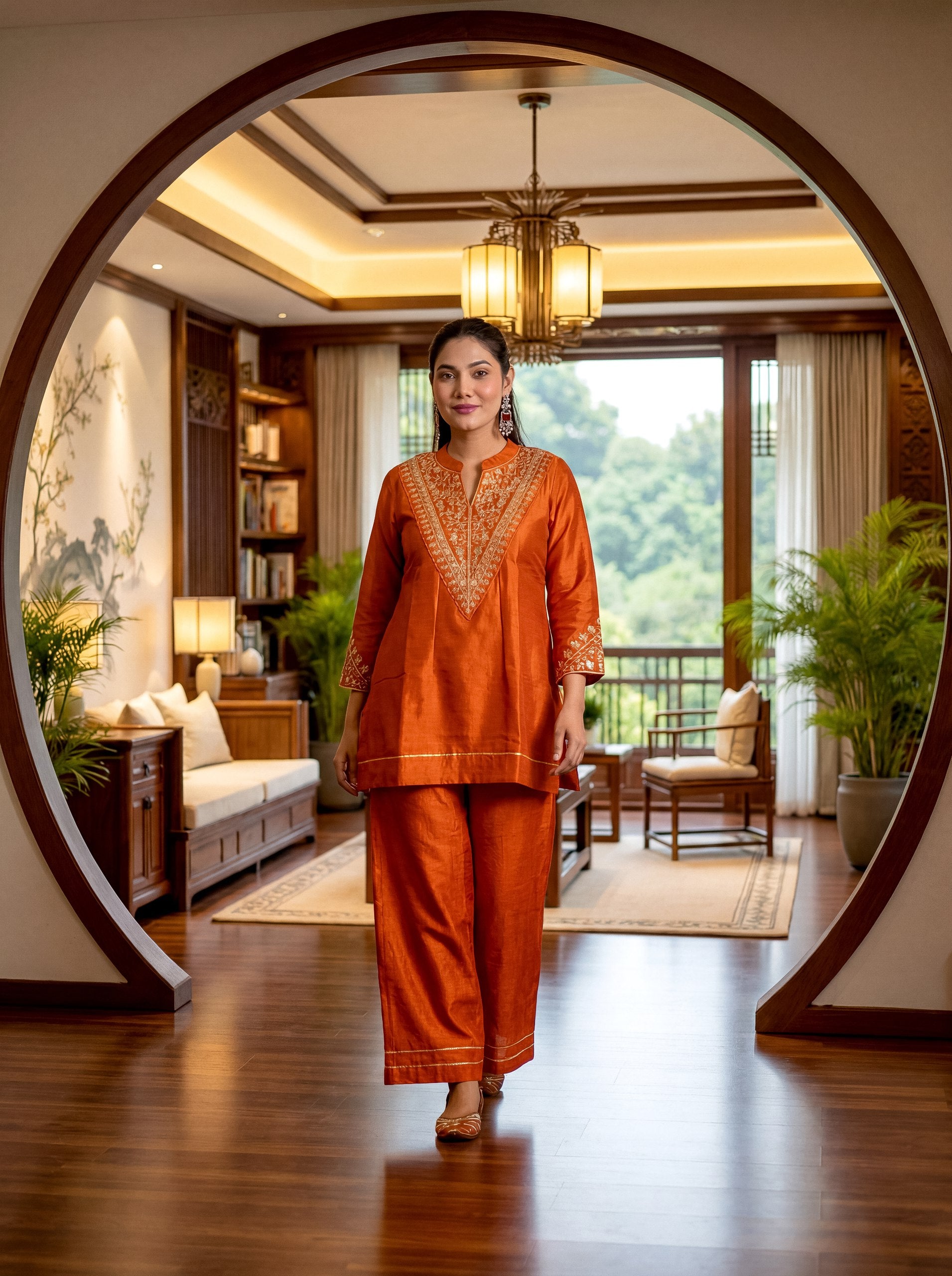 Embroidered Regular Sequinned Chanderi Silk Kurta with Palazzo & Dupatta