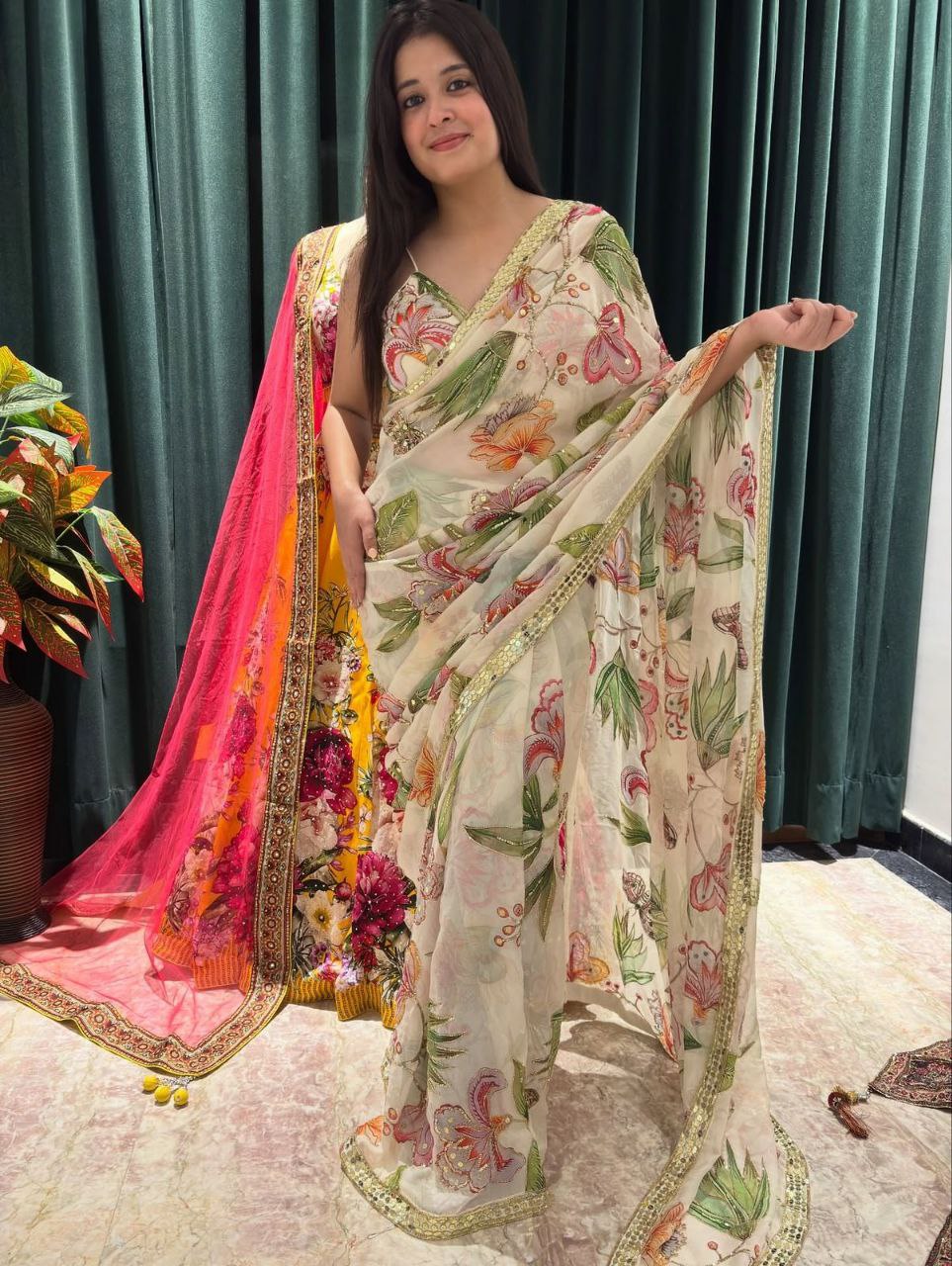 Floral Sequinned Silk Blend Saree