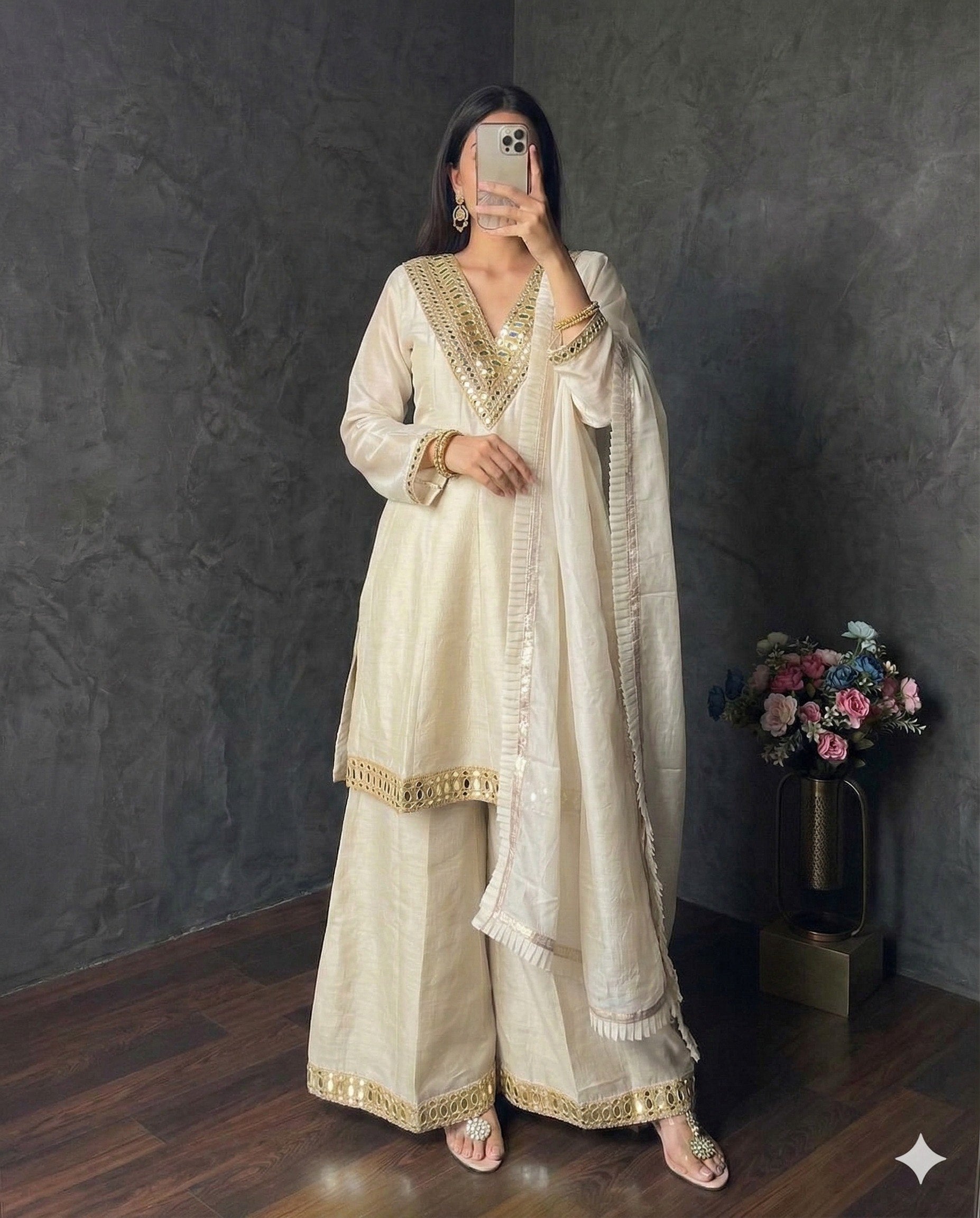 Shimmer Silk Mirror Work 3Pc Designer Kurti Pant Dupatta Set